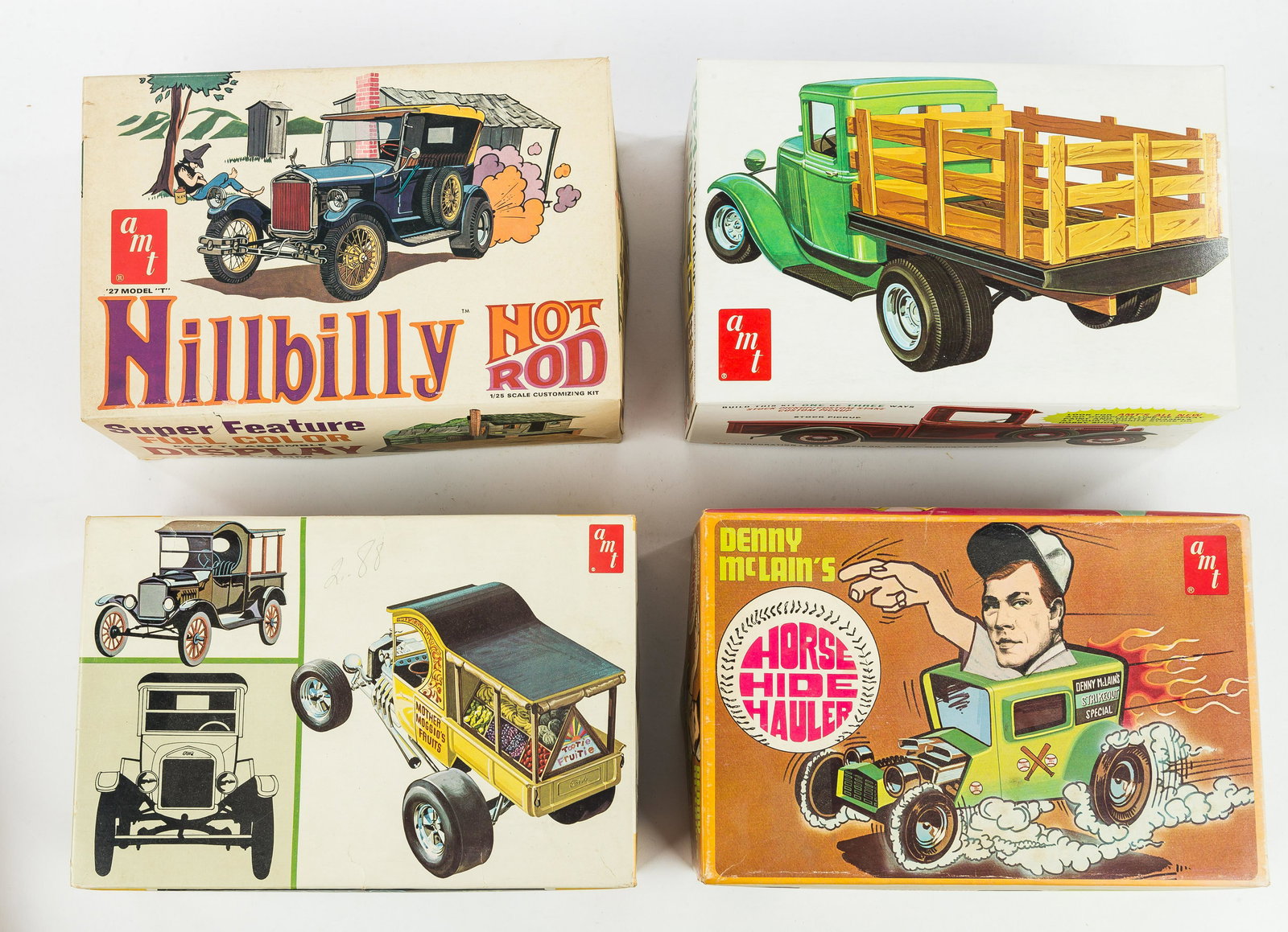Vintage AMT Scale Model Trucks & Hot Rods: Vintage AMT scale model kits / unbuilt in box include T-Fruitwagon 1/25 scale, box in excellent condition, all parts intact/included, Hill Billy Hot Rod 1/25 scale, box in very good condition, all par