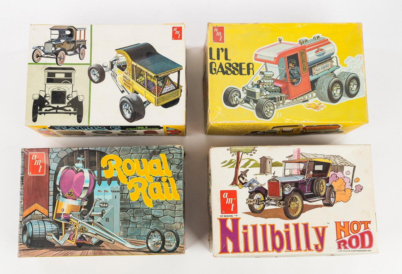 Vintage AMT Scale Models (4): Vintage AMT scale model kits in boxes include T-Fruitwagon 1/25 scale, box in very good condition, all parts intact/included, Li'l Gasser fuel truck 1/25 scale, box in fair condition, all parts intact