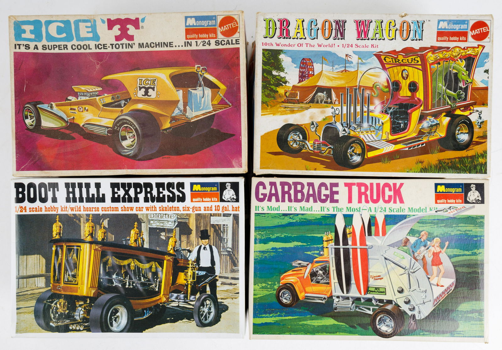 1/24 Scale Monogram Vintage Car Kits: 4 Car kits in original boxes, including 1 Garbage truck with box in good condition, 1 Dragon Wagon with box in fair condition, 1 Boot Hill Express with box in good condition, and 1 ICE-T with box in f