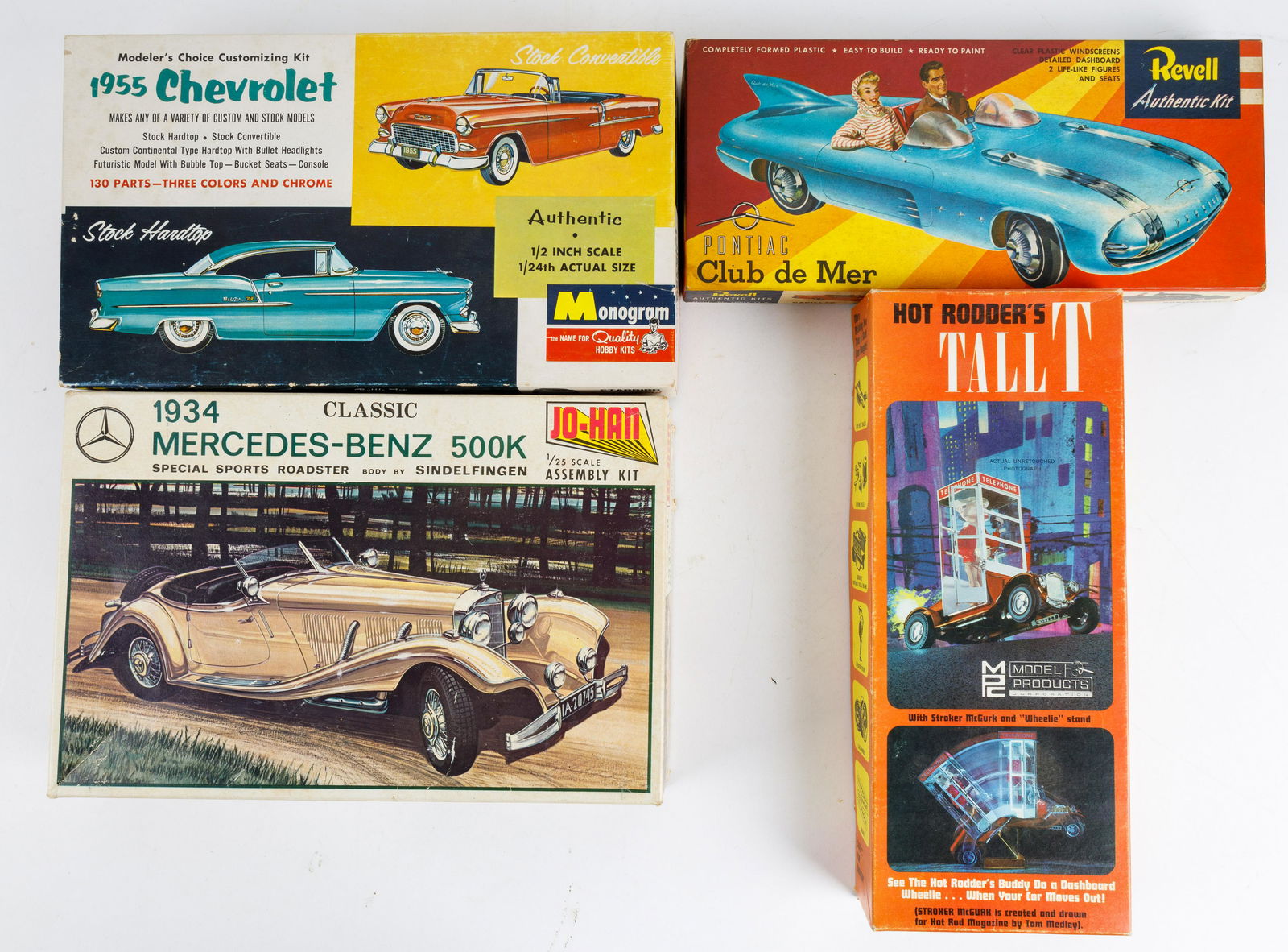 Vintage Car Model Kits: Vintage model car kits by Revell, MPC, Monogram, and Jo-Han, including 1 1/24 1955 Checy Coupe with box in very good condition (has broken windshield frame), 1 1/25 1934 Mercedes 500k with box in good