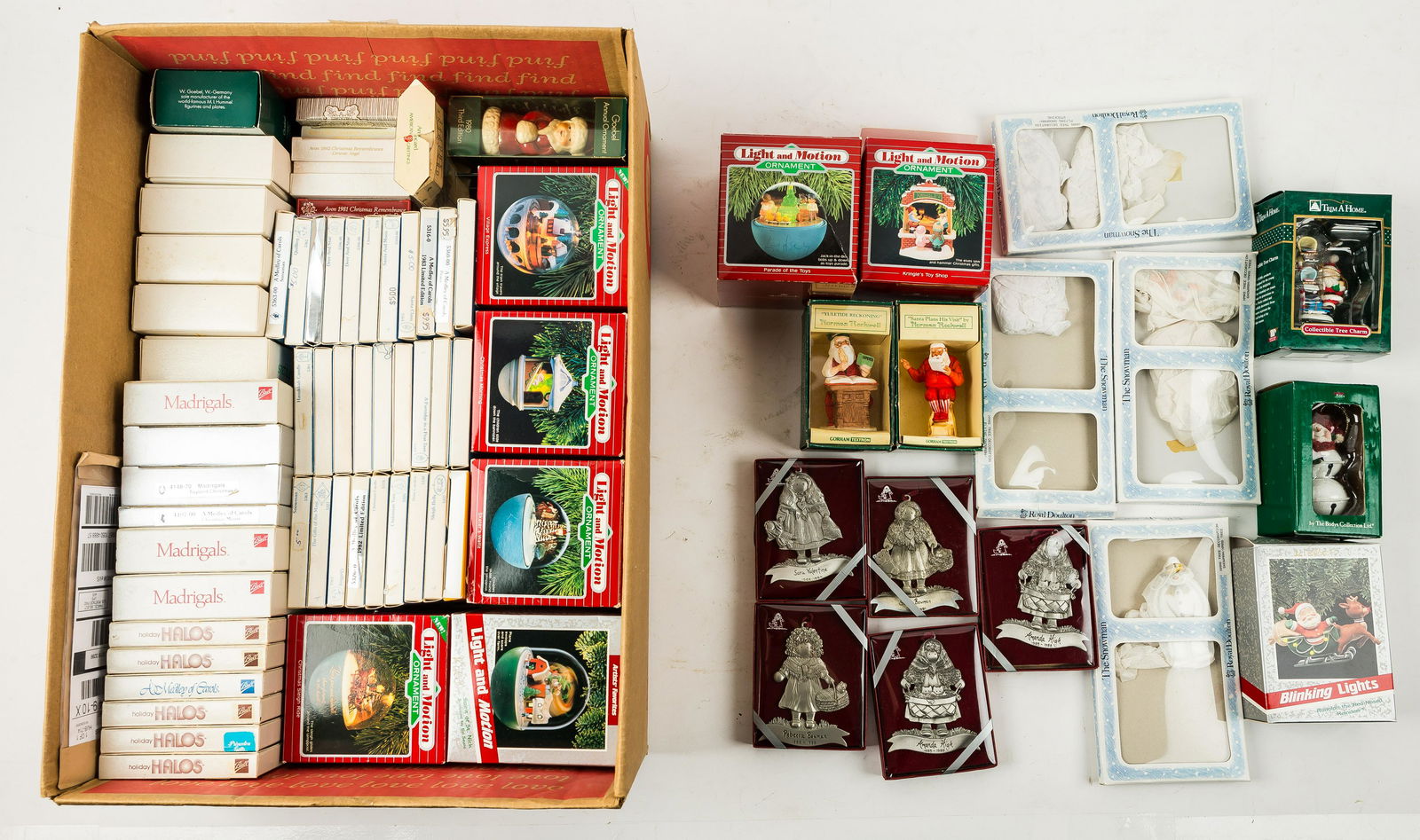 Royal Doulton, Norman Rockwell & Other Ornaments: Over 75 1980's era Christmas ornaments in box, including Royal Doulton, Norman Rockwell, Ball Corp, Goebel, Hallmark and more.