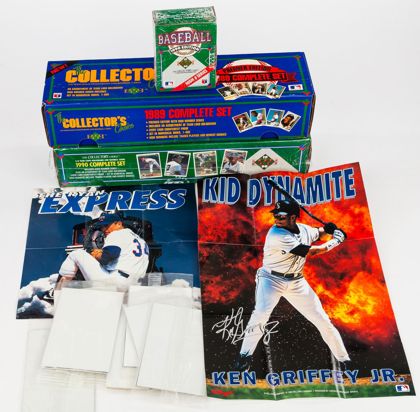 Upper Deck Brand Sealed Complete Set Boxes: 1989 Complete Set with Ken Griffey Jr card, 1990 Complete set, and Collectors Choice 3D team, hologram and baseball cars, and 7 sealed, 1 unsealed (Griffey Jr.) Kelloggs Co. mini baseball posters.