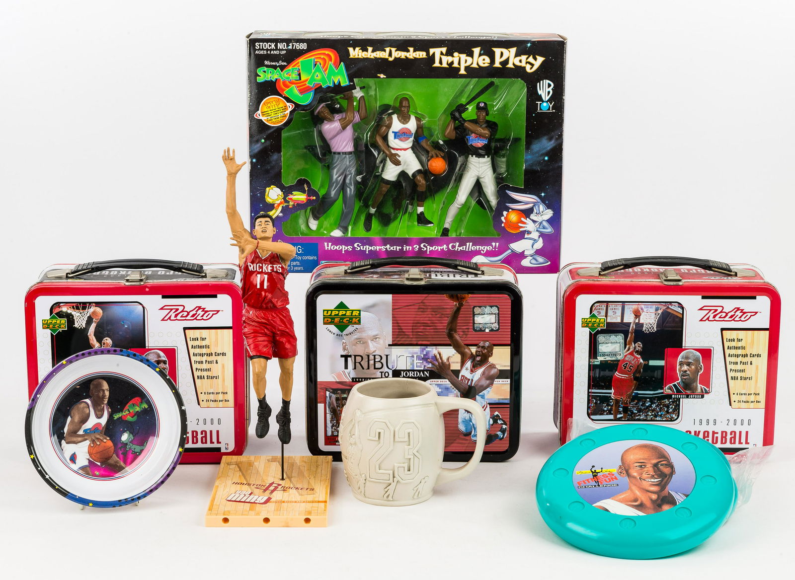 Michael Jordan Collectibles: Space Jam cereal bowl, a much, Fitness Fun Challenge Frisbee (4), Houston Rockets Michael Jordan poseable figure, Playmates Warner Bros Space Jam Michael Jordan 'Triple Play' action figures new in box
