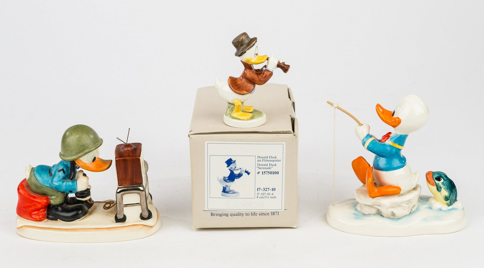 Vintage Goebel Walt Disney Figurines: 3 Vintage Goebel Walt Disney Donald Duck character figurines, 1 in original box, tallest approx 5.5"H.