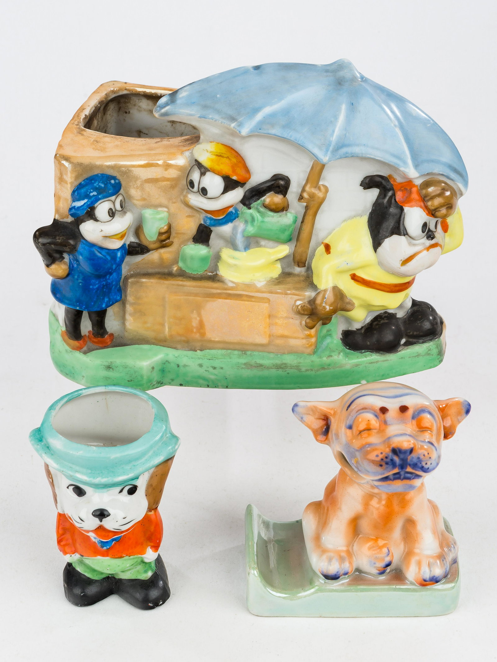 Early Cartoon, & Other Porcelain Figures: Early cartoon figural planter approx 5"H, and 2 other figures of dog, and dog egg cup.