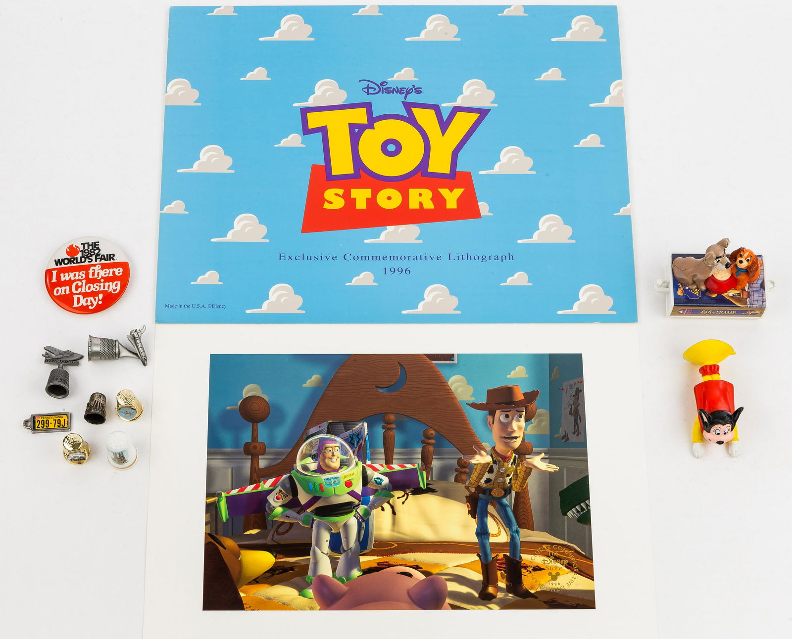 Toys and Collectibles: Toy Story Exclusive 1996 Commemorative Lithograph (The Disney Store), Lady and the Tramp figurine by Disney for McD Corp 3" x 3", rubber Mighty Mouse figure with suction cup base, 6 decorated or souve