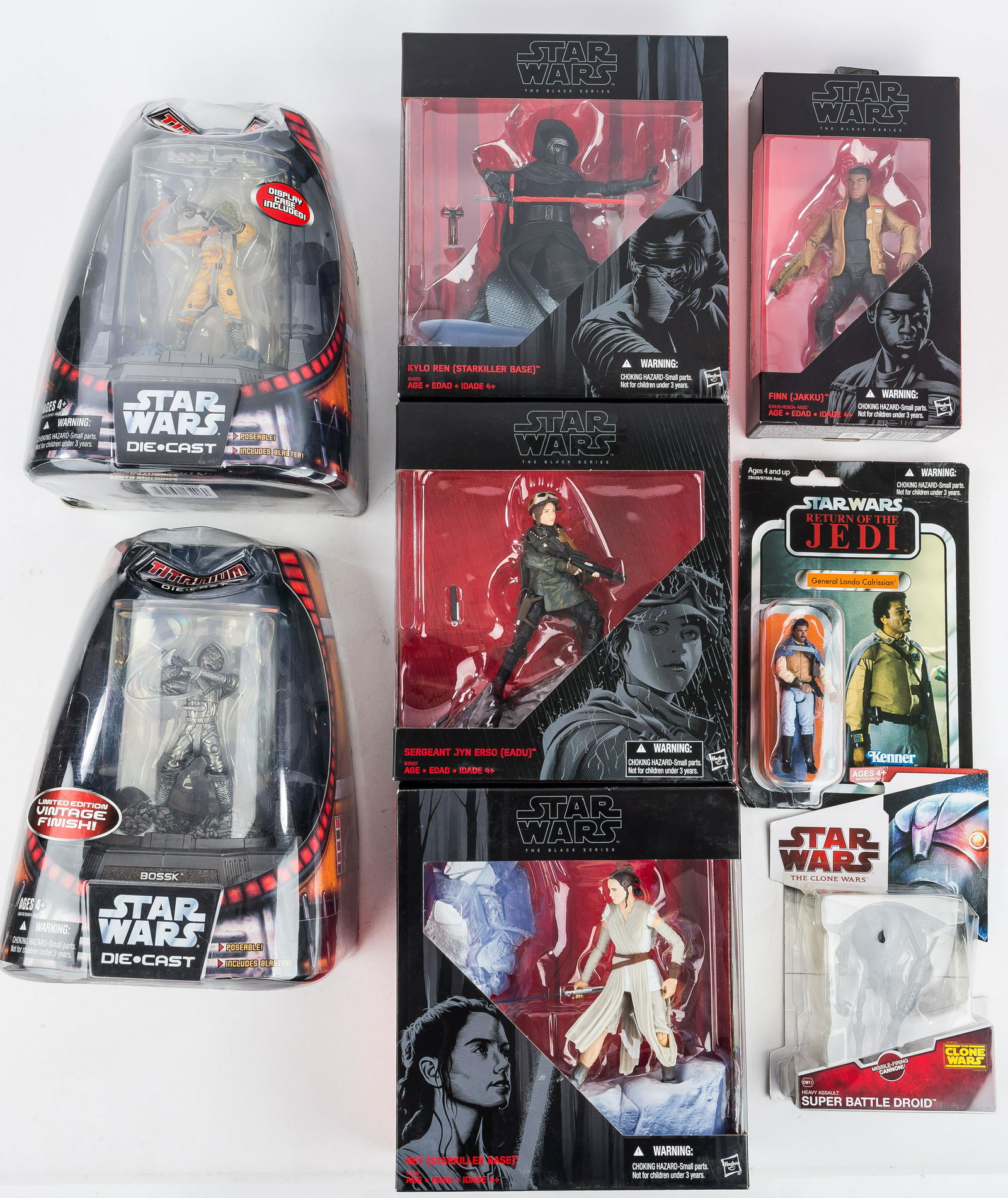 Star Wars Collectibles Figures (8): Hasbro Titanium Series 2 Die Cast models c2006 (1) Bossk figure poseable with display case NIB item 34578 and (2) Bossk with Ltd Edition Vintage Finish NIB item 34578, both have dent in the packaging.