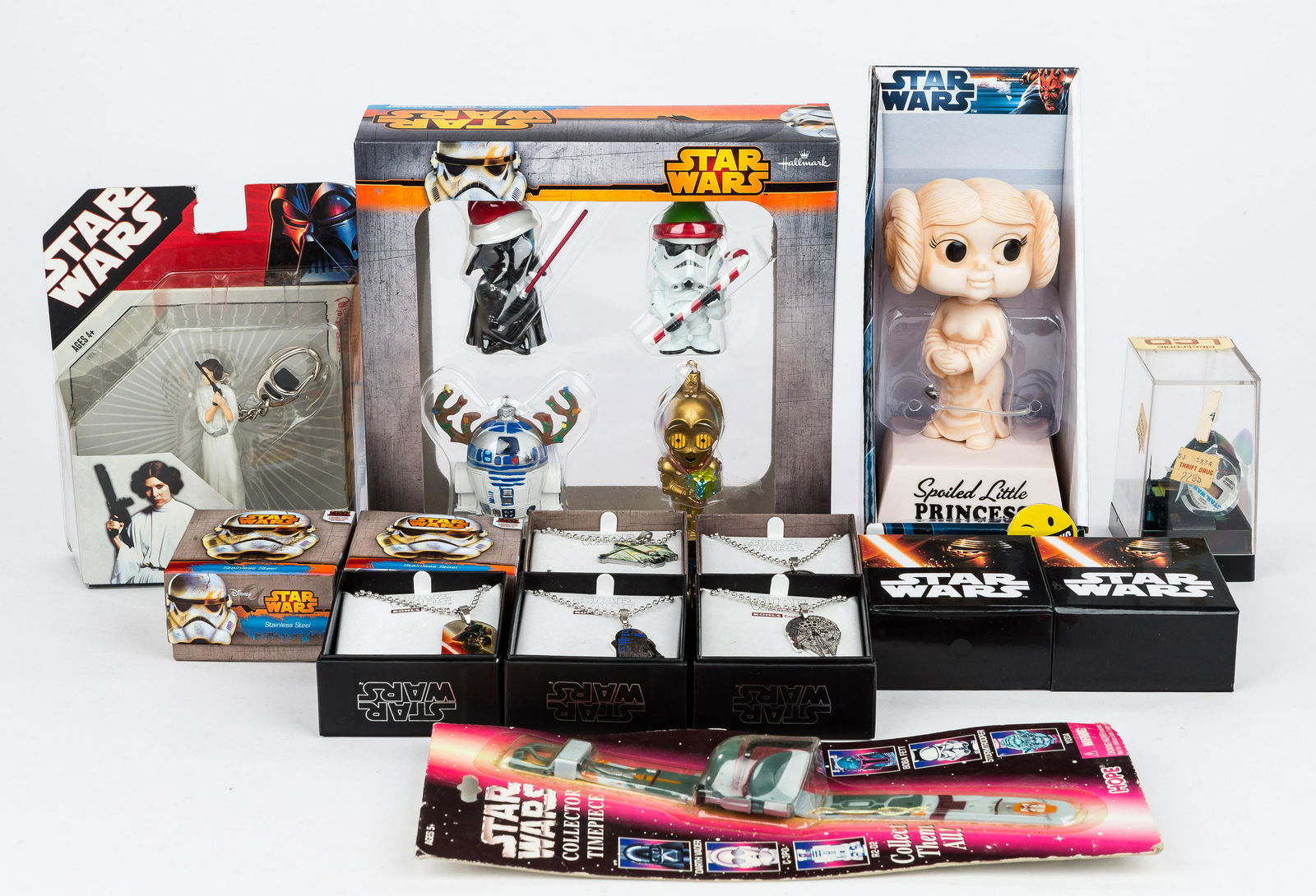 Star Wars Collectibles, Watches, Jewelry: Princee Leia bobblehead c2012 by wisecracks NIP, Princess Leia keychain, Hallmark set of 4 Star Wars christmas tree ornaments NIB, Star Wars Darth Vader electronic LCD quartz digital watch by Bradley