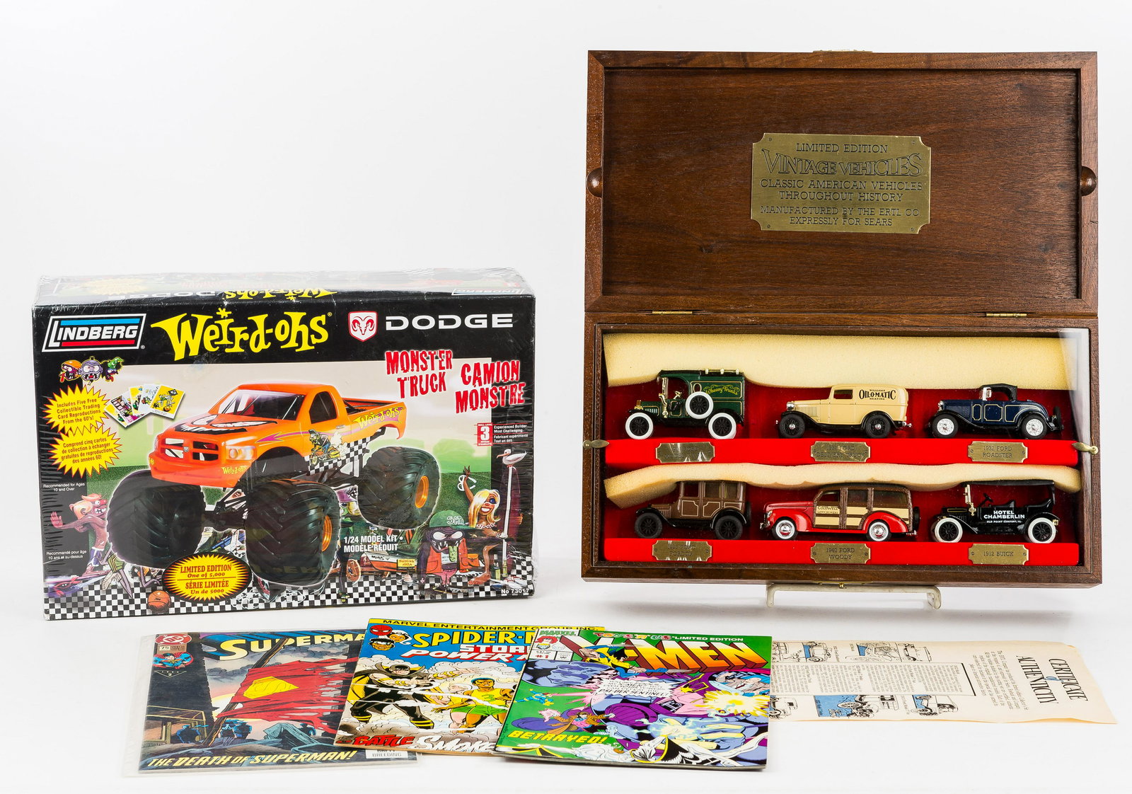 Vintage Car Models & Comics: Lindberg Monster truck 'Weird-OHS' NIB, Ertle boxed set vintage vehicles (6), issued by Sears and Roebuck, in very good condition, and 3 comics including Spider-Man 'Storm & Power Man', Toys R Us limi