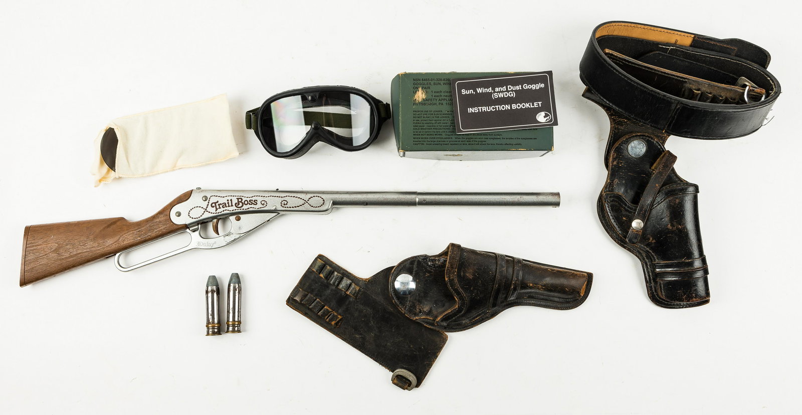 Vintage Toy Gun, Ammunition & Holster: Daisy Trail Boss toy rifle including leather revolver holster with ammo belt; large size, leather revolver holster with ammo belt; small size, military surplus goggles NIB, ammo large caliber salt and