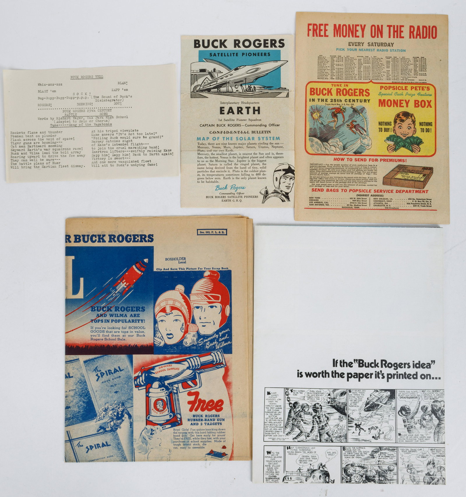 Buck Rogers Vintage Ephemera: Buck Rogers fold out approx 24" x35" made by Warren, a division of the Scott Paper Co., poster with cartoon Popsicle Pete's Radio Gift News Premium Catalog in color c1940, Buck Rogers Satellite Pionee