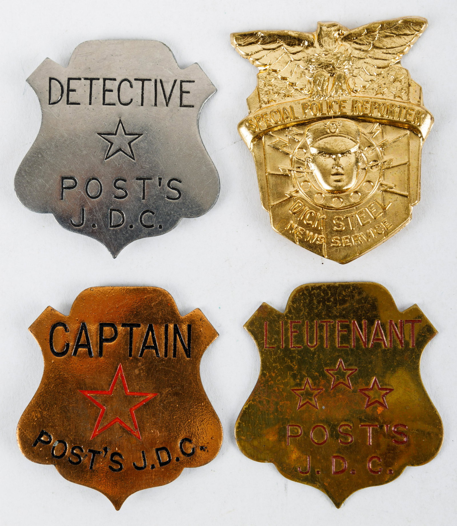 Dick Tracy JDC and Related Badges (4): Three JDC Junior Detective Club, Captain, Lieutenant (missing back), Detective, and Dick Steel Special Police Reporter News Service.