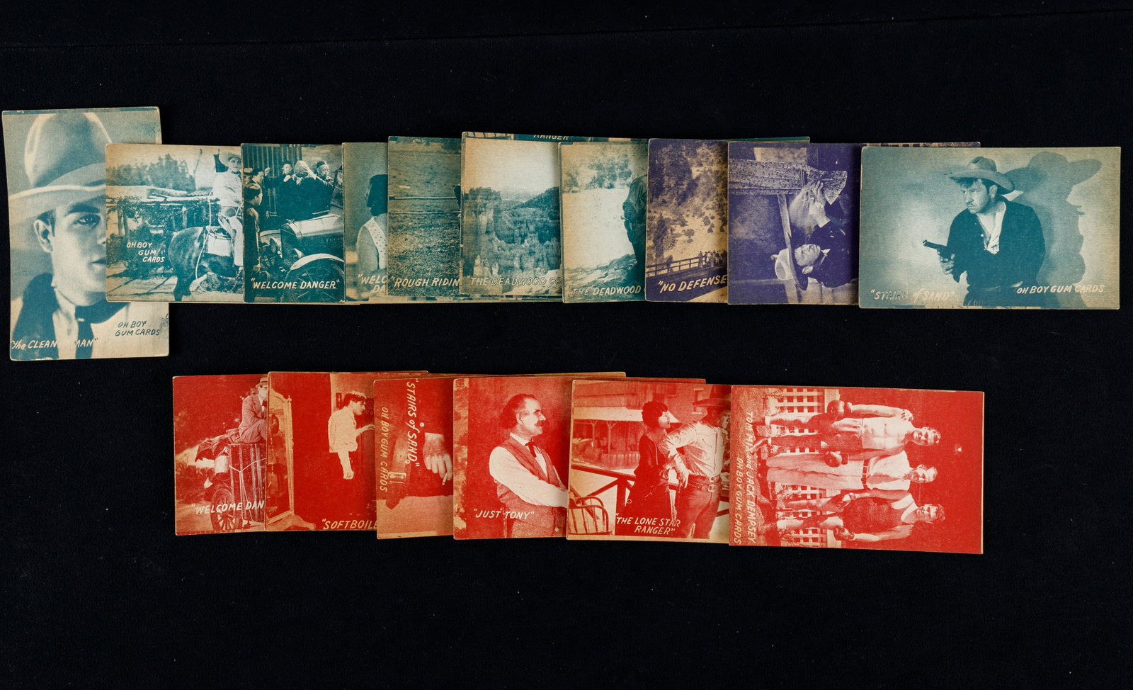 Oh Boy Gum and Post Cards: Postcard size and stock approx 3.5" x 4.25" include a mix of blue and white and red and white colored images. Six red and white include Tom Mix and Jack Dempsey, The Lone Star Ranger, Just Tony, Stair
