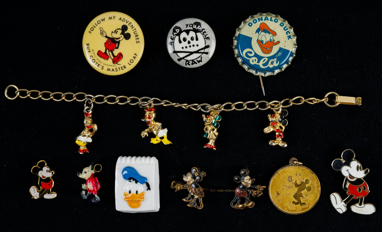 Disney Premiums and Pinbacks: Disney Mickey and Minnie combo pin with copyright WD stamp on back (vintage but unknown age), Donald Duck Cola Cap pinback, Mickey Buy Cotes Master Loaf premium pinback, charm bracelet for Disney char