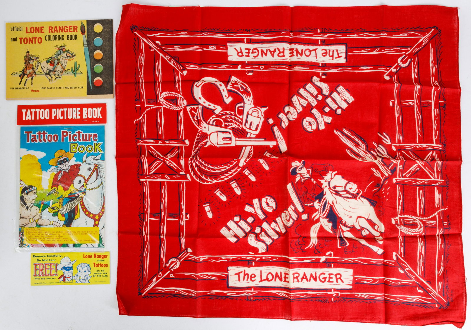 Lone Ranger Ephemera (4): (1) Official Lone Ranger and Tonto Coloring Book for members of Merita 7 pages; (2) red Lone Ranger hankerchief; (3) Lone Ranger Western Tattoos from Frito Lay c1959; (4) Tattoo Picture Book in origin