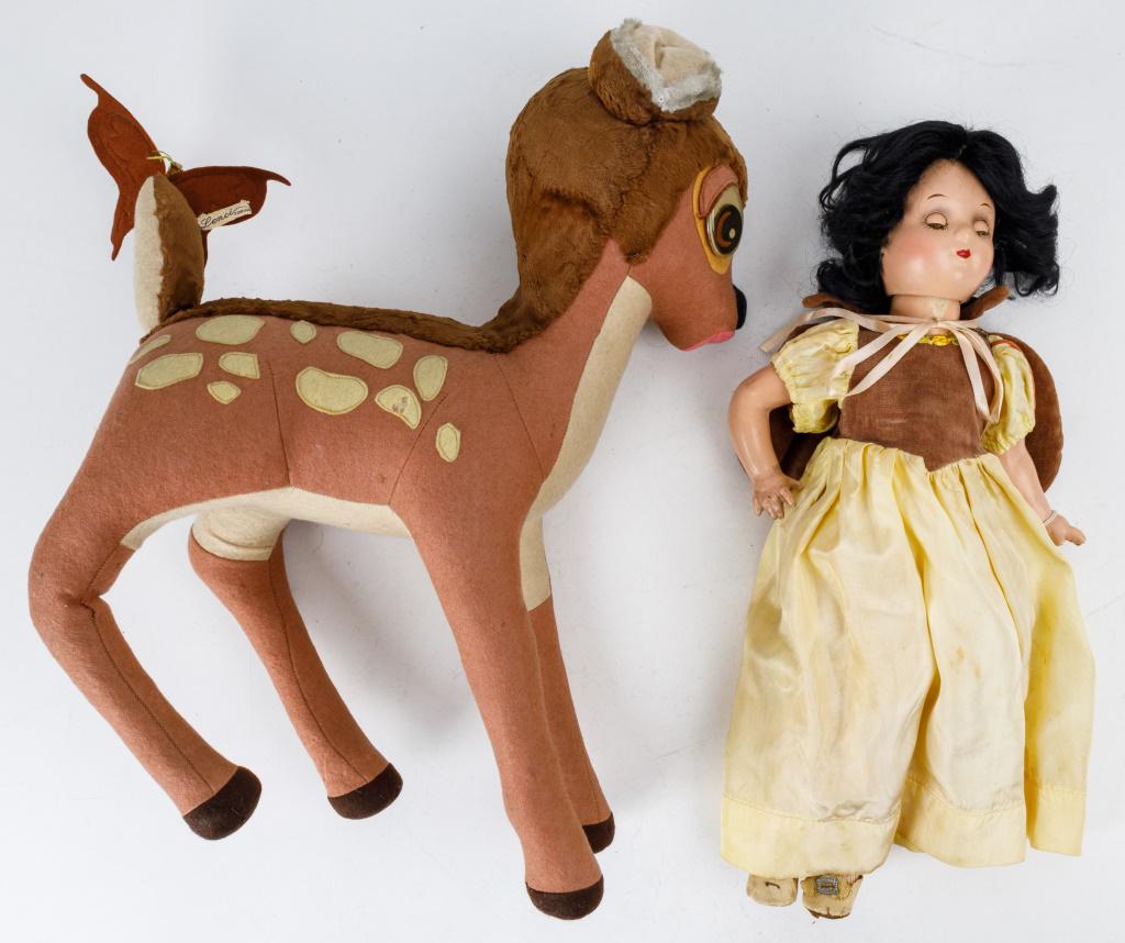 Lenci Felt Bambi, Knickerbocker Snow White Doll: Lenci Torino labeled felt with wood shaving filling Bambi doll approx 15.5"H, with painted encased eyes, possible repair to tail, slight detachment to left ear as seen in photos and small knicks to fe
