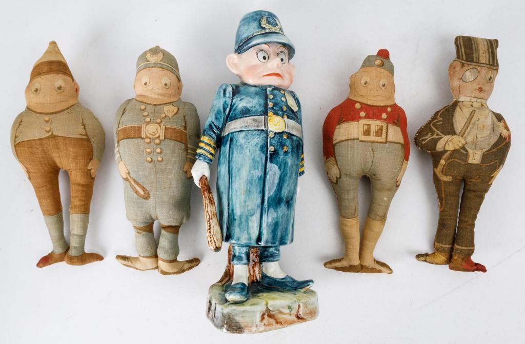 Palmer Cox Brownie Dolls, Majolica Policeman: 4 Palmer Cox premium cloth Brownie pattern dolls, all with 'Copyright 1892 by Palmer Cox' on rear of right foot, 3 with labels sewn on back (Policeman, Soldier, Irishman) and 1 without, 'Irishman' and