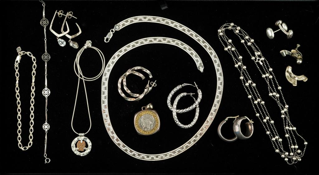Fine Sterling Silver Jewelry: Includes screwback earrings, cufflinks, post earrings, herring bone necklace, bracelets, and a pendant.