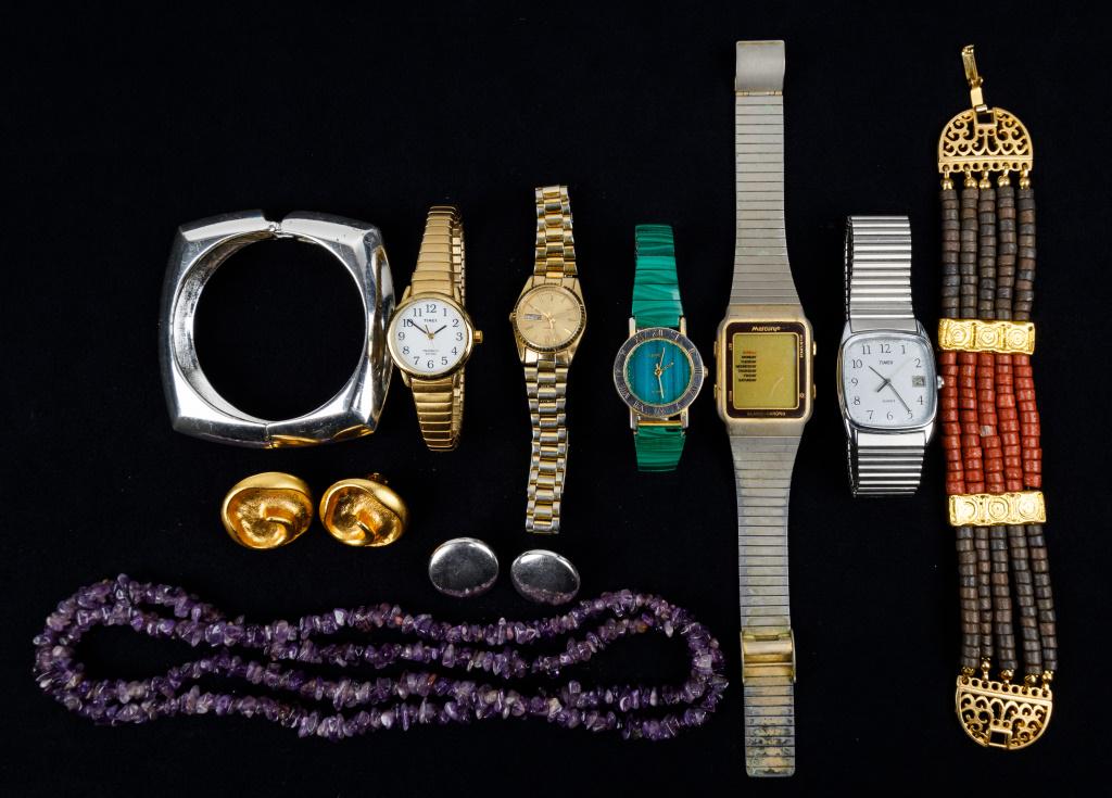 Watch and Jewelry Collection: Seiko, Timex, Geneve watches (as found condition), amethyst necklace, earrings and bracelet.