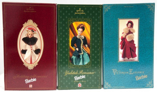 Mattel Doll: Mattel, Hallmark (3) Holiday Barbie Series, Victorian Elegance #1, Holiday Memories #2, Yuletide Romance #3 in series