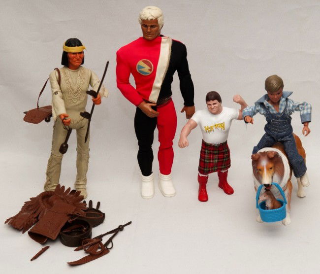 Action Figure Dolls: Germanio, action figure doll with accessories, Lassie, Hot Rod, and another action figure