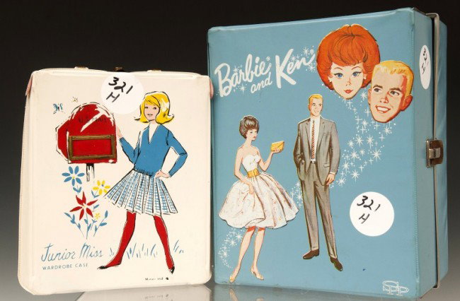 Barbie items: Barbie electricronic drawing set, Junior miss wardrobe case with doll and clothes, Barbie & Ken doll case, loaded (3 dolls)