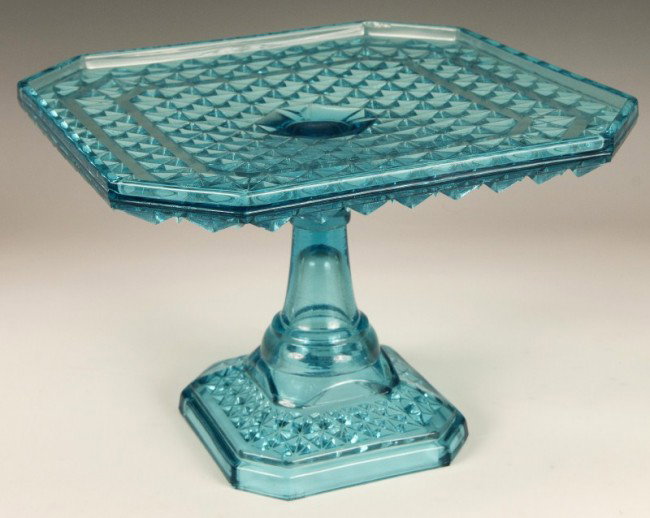 Blue Glass: Blue pressed glass saw tooth, blue cake stand 7"h x 10"sq