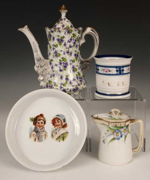 Lefton Violet Chintz: Lefton china tea pot, Violet Chintz pattern, German alphabet bowl, shaving mug and Nippon creamer