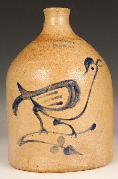 Jacob Fisher Stoneware: Jacob Fisher, Lyons NY one gallon stoneware jug with cobalt blue bird and clover decoration, applied handle c1878