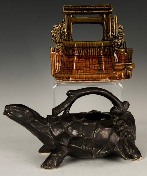 McCoy Turtle Watering Can & Wishing Well: McCoy Pottery turtle watering can with a McCoy Pottery wishing well