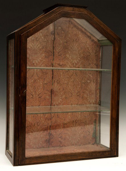 Vitrine Cabinet: English, 19th century, vitrine cabinet with early wall paper interior and two glass shelves, 20 1/2"h x 15"w x 6"d