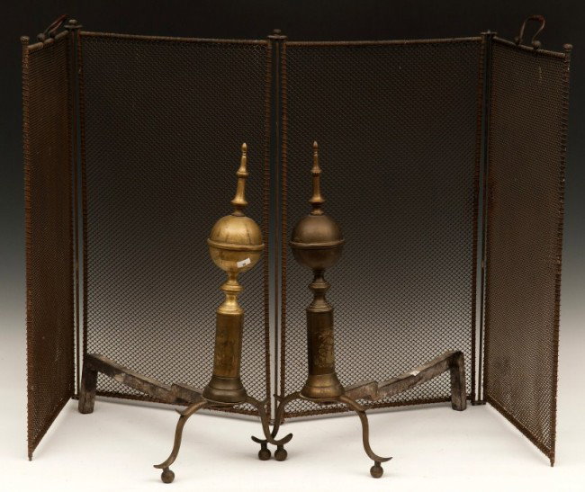 Pair of Andirons and Screen: Pair of 19th century brass andirons and a later screen