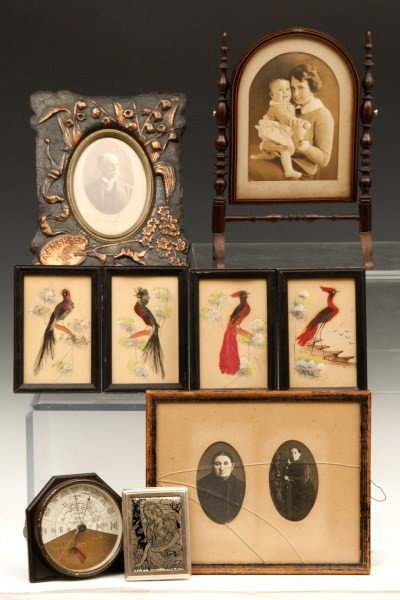 Edwardian Picture Frame: Edwardian mahogany picture frame with a 19th century frame with photo, etc.