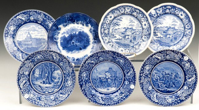 Flow Blue Plates: Flow blue plate, 10' with 20th C blue transfer historian blue plates (4) 10", (2) 9 1/4" di