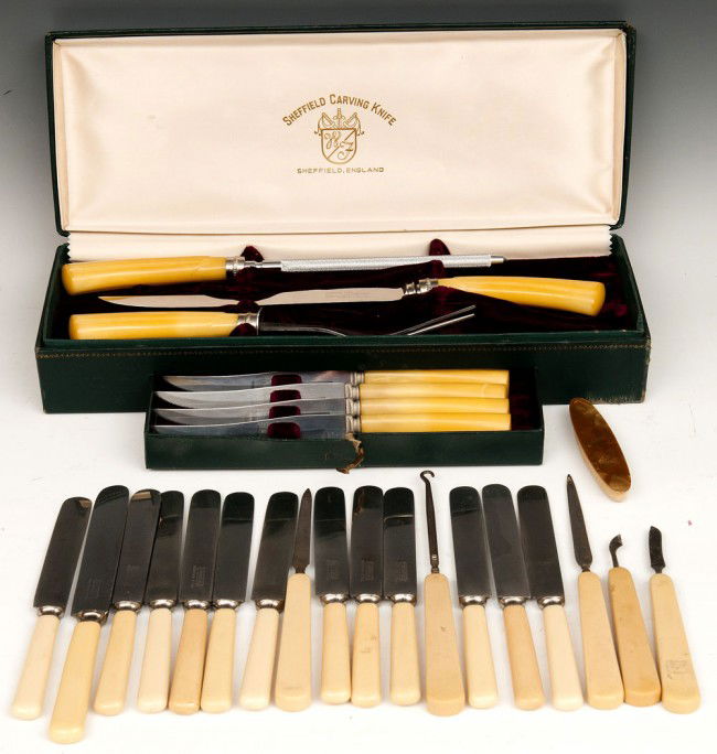 Carving Set: Early silver plated carving set in case with 13 additional knives etc