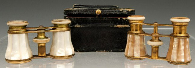 Pearl Opera Glasses: Pair of French Lemaire, pearl opera glasses, in case, with another pair without case