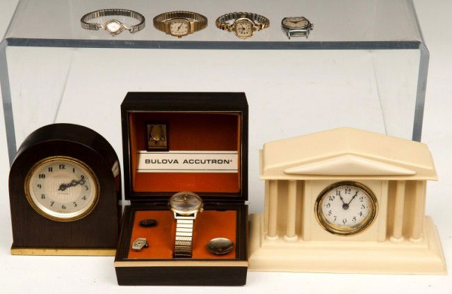 Bulova Accutron: Bulova Accutron in case with a Westcox, Bulova, Sovereign, and a timex wristwatch and two shelf clocks