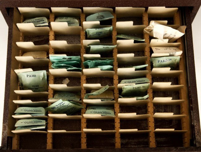 Watch Repair Supplies: Jewelers Drawers filled with unused, old stock wrist watch and pocket watch crystals