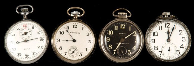 Pocket Watches and Stop Watch: 3 Pocket watches; Elgin size 17, 616785049, West Westclox Scotty size 17 and Baltimore by E.Ingraham Co size 17, 931 and a Swiss made Galco stop watch; all running