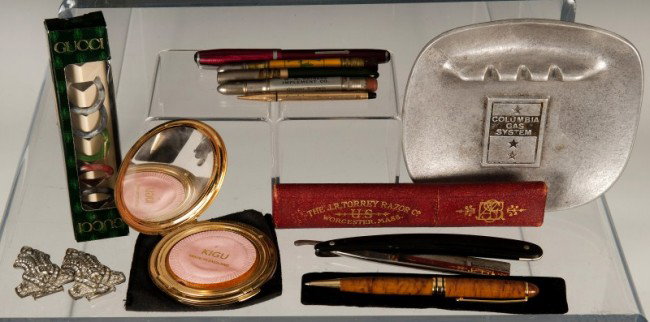 Gold Tipped Sheffers Fountain Pen & Misc Lot: 14K gold tipped Sheffers fountain pen along with two other advertising pencils (one is John Deere) and three pens, straight razor, compact and earrings