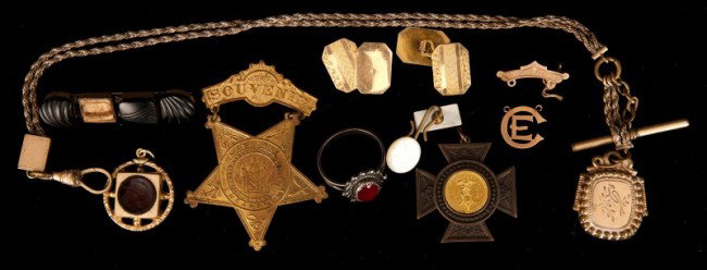 Gold Filled Jewelry: Grouping of gold-filled jewelry. Including slide chain and locket, souvenirs, cuff links, etc. Along with a sterling and carnelian ring.