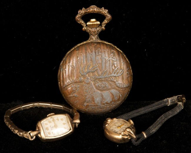 Pocket Watches, Wrist Watch: Watches. Arnex, hunting case, Swiss made pocket watch with two gold-filled lady's wrist watches, Bulova & Elgin.