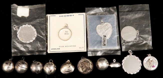 Sterling Silver Charms: Sterling charms. Grouping of 15 including sports balls, shell, "Mad Money", etc.