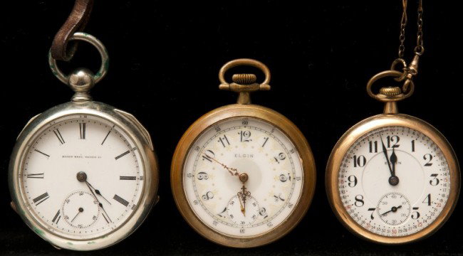 Three Elgin pocket watches: Three Elgin pocket watches. 1)Silverode open face, key wind, size 16, #2095985 with key, 2) Gold-filled open face, 19J, #20145226, size 12 with chain and fob, 3) g-f open face, 17J, #18836295, size 16