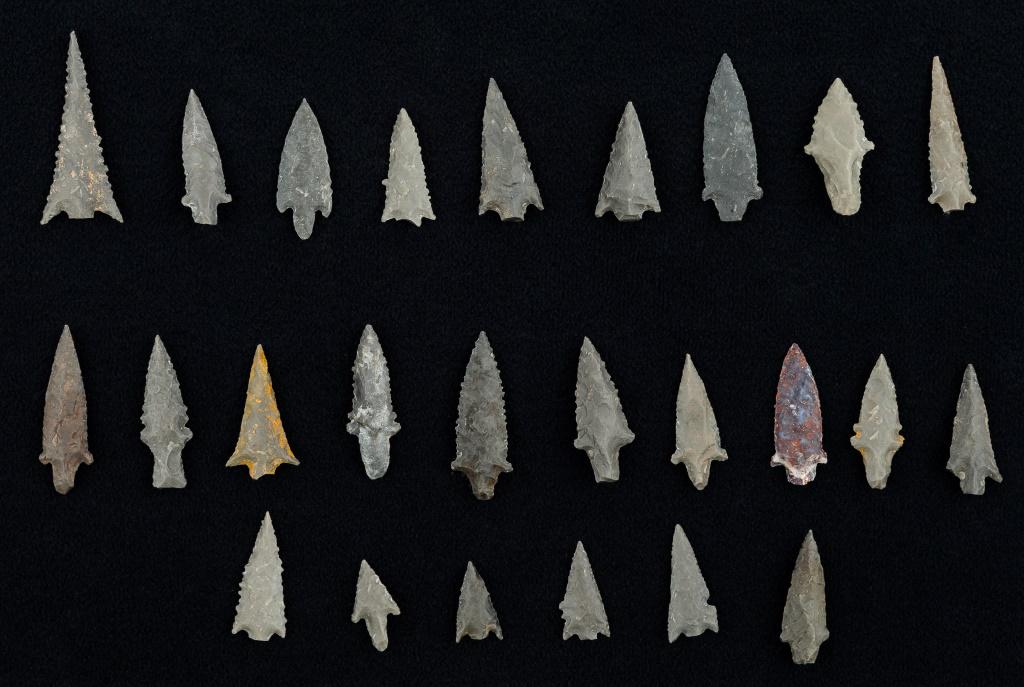 Pre-Columbian Bird Points (25): Pre-Columbian Inca small flint arrowheads aka bird points, from Bolivia and Peru, South America collected in the 1940's by Bolivian native, largest approx 1.25"L, with graduated denticulation.
