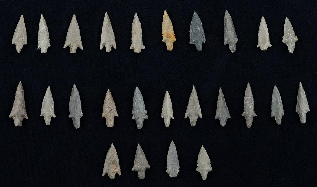 Pre-Columbian Bird Points (25): Pre-Columbian Inca small flint arrowheads aka bird points, from Bolivia and Peru, South America collected in the 1940's by Bolivian native, largest approx 1.25"L, with graduated denticulation.