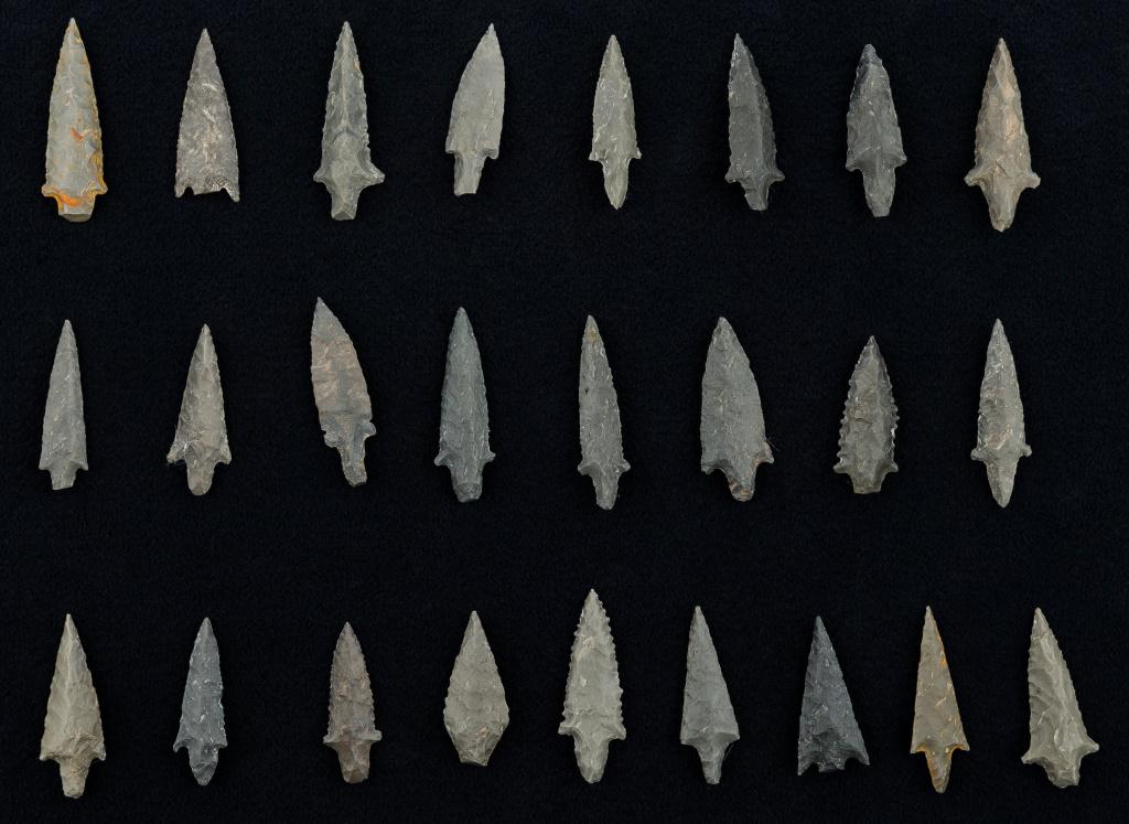 Pre-Columbian Bird Points (25): Pre-Columbian Inca small flint arrowheads aka bird points, from Bolivia and Peru, South America collected in the 1940's by Bolivian native, largest approx 1.5"L, with graduated denticulation.