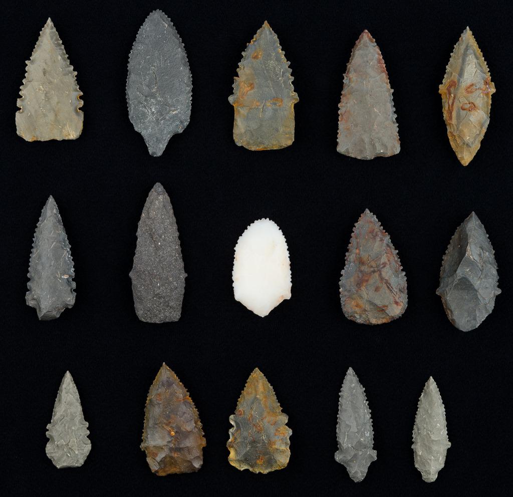 Pre-Columbian Arrowheads (15): Pre-Columbia Inca flint arrowheads from Bolivia and Peru, South America collected in the 1940's by Bolivian native, largest arrowhead approx 2.5"L, with graduated denticulations.