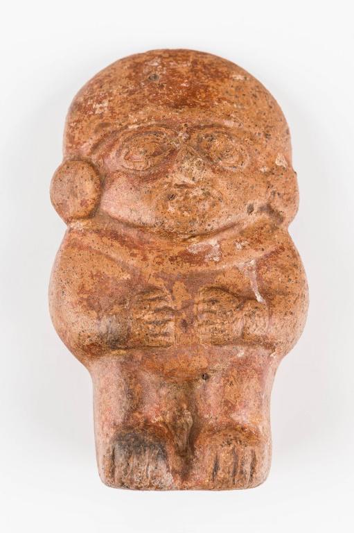 Valdivian Style Figure / Mayan/Aztec: Mayan / Aztec terra cotta figure with arms bent and big eyes. Approx 4.5" H x 2.5" W x 1.5" D. Similar to Valdivian style. Hole on back intentional related to baking.