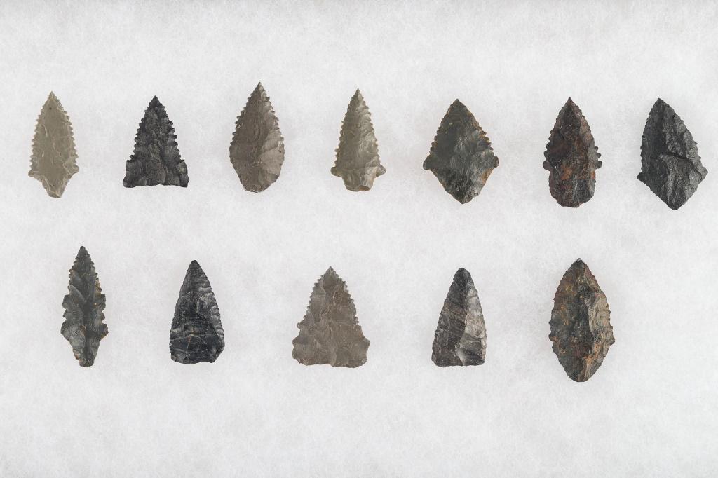 Pre-Columbian Arrowheads / Inca, Medium (12): Pre-Columbian Inca arrowheads from Bolivia and Peru, South America collected in the 1940s by Bolivian native. Largest approx 2" L. Graduated denticulation on the flint or chert.